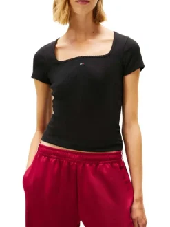 T-shirt noir uni avec une coupe moulante et des manches courtes