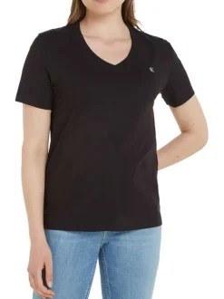 T-shirt noir uni col v, avec logo brodé sur la poitrine et manches courtes