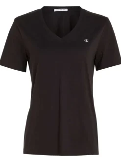 T-shirt noir uni col v, avec logo brodé sur la poitrine et manches courtes
