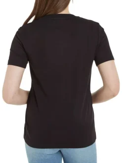 T-shirt noir uni col v, avec logo brodé sur la poitrine et manches courtes