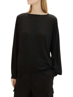 T-shirt noir uni coupe droite avec un col rond et des manches longues