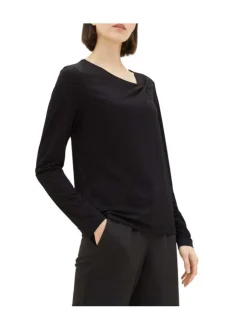 T-shirt noir uni coupe droite avec un col rond et des manches longues