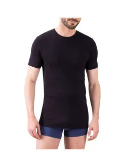 T-shirt noir uni en coton avec un col rond et coupe près du corps