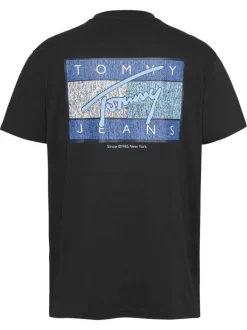 T-shirt noir uni en coton avec un drapeau sur la manche et nom de la marque