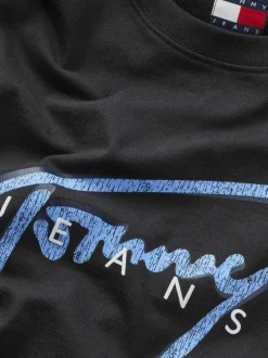 T-shirt noir uni en coton avec une coupe droite et le nom de la marque