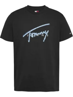 T-shirt noir uni en coton avec une coupe droite et le nom de la marque