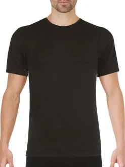 T-shirt noir uni en laine mélangée avec une coupe droite et un col rond