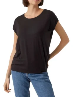 T-shirt noir uni large à coupe droite, col rond et à manches courtes