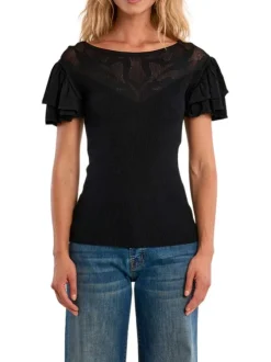T-shirt noir uni pourvu d'un col rond et de manches courtes