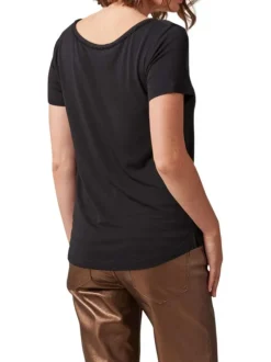 T-shirt noir uni à une coupe droite avec un col v arrondi pailleté