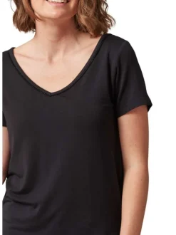 T-shirt noir uni à une coupe droite avec un col v arrondi pailleté