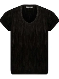 T-shirt noir uni à une coupe droite, col v et manches courtes à texture velours
