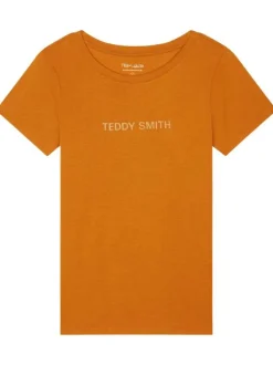 T-shirt orange avec logo floqué sur la poitrine et un col rond