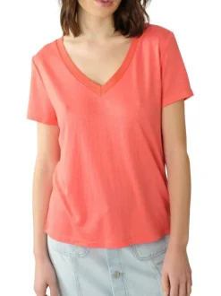 T-shirt orange détail lurex doré avec une coupe droite et un col v