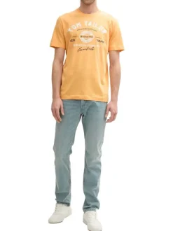 T-shirt orange en coton avec logo blanc imprimé à col rond et manches courtes