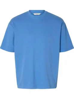 T-shirt Oscar bleu uni à coupe loose avec col rond et manches courtes
