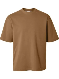 T-shirt Oscar camel uni à coupe loose avec col rond et manches courtes