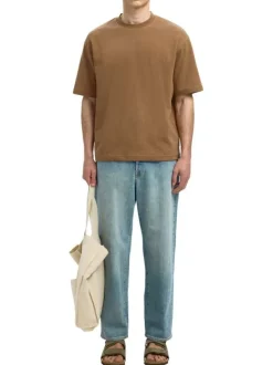 T-shirt Oscar camel uni à coupe loose avec col rond et manches courtes