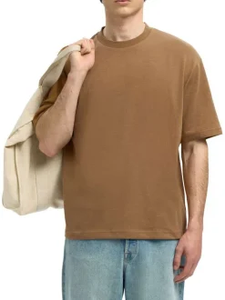 T-shirt Oscar camel uni à coupe loose avec col rond et manches courtes