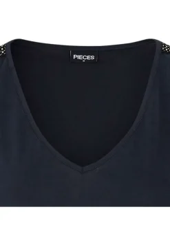 T-shirt Pchamala noir uni coupe ajustée à col v et à détails dorés