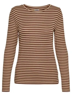 T-shirt rayé marron et camel à coupe ajustée, col rond et manches longues