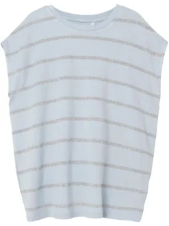T-shirt Rayures en strass bleu ciel rayé col rond à sans manches