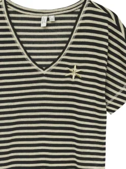 T-shirt à rayures noir et doré avec fils lurex brodé sur la poitrine