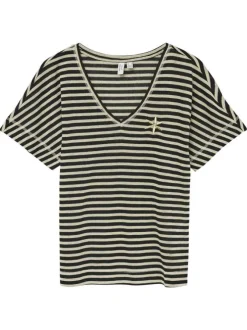 T-shirt à rayures noir et doré avec fils lurex brodé sur la poitrine