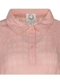 T-shirt rose pâle en maille gaufrée coupe cropped col italien à manches courtes