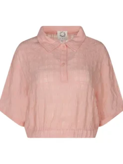 T-shirt rose pâle en maille gaufrée coupe cropped col italien à manches courtes