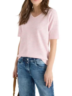 T-shirt rose à rayures pourvu de manches courtes et d'une coupe droite