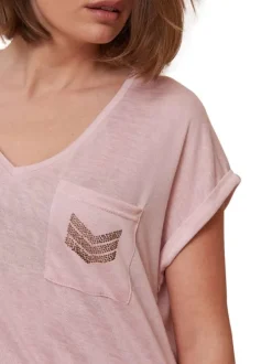 T-shirt rose uni à coupe droite avec un col v et des manches courtes