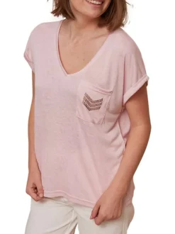 T-shirt rose uni à coupe droite avec un col v et des manches courtes