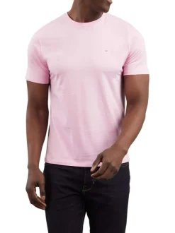 T-shirt rose uni à coupe droite, col rond et à manches courtes et logo