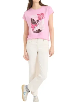 T-shirt rose uni pourvu de manches courtes et d'une coupe droite
