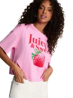 T-shirt rose uni pourvu d'un imprimé fraise et d'un col rond