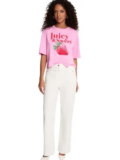 T-shirt rose uni pourvu d'un imprimé fraise et d'un col rond
