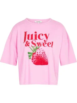 T-shirt rose uni pourvu d'un imprimé fraise et d'un col rond