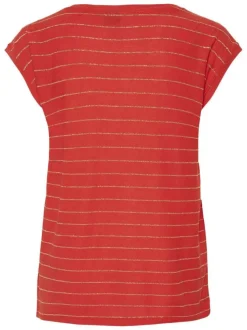 T-shirt rouge à rayures dorées pailletées avec un col v et une coupe droite