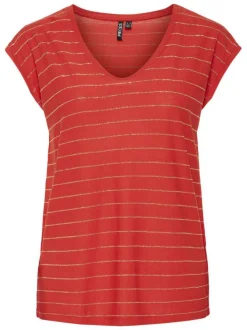T-shirt rouge à rayures dorées pailletées avec un col v et une coupe droite