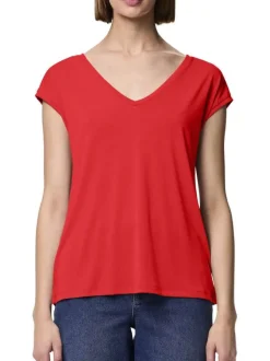 T-shirt rouge uni avec un col v une coupe droite et des manches très courtes