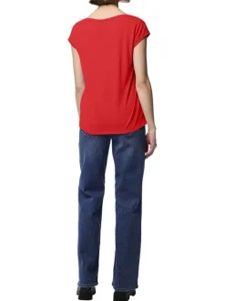 T-shirt rouge uni avec un col v une coupe droite et des manches très courtes