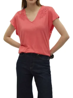T-shirt rouge uni à coupe droite, col v et à manches courtes avec dentelle