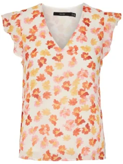 T-shirt sans manches beige fleuri avec une coupe droite et un col v