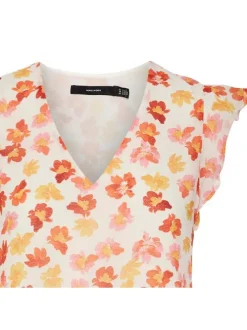 T-shirt sans manches beige fleuri avec une coupe droite et un col v