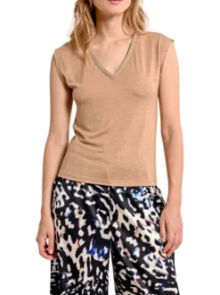 T-shirt sans manches camel uni avec un col v et une coupe droite