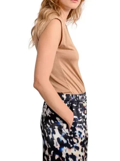 T-shirt sans manches camel uni avec un col v et une coupe droite