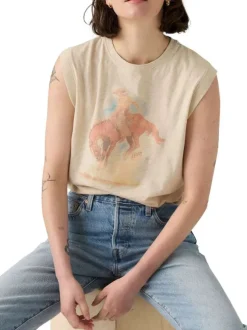 T-shirt sans manches en coton écru pourvu d'un imprimé cowboy