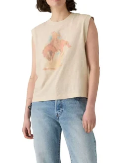 T-shirt sans manches en coton écru pourvu d'un imprimé cowboy