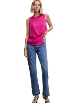 T-shirt sans manches fuchsia uni avec une coupe asymétrique et un col rond